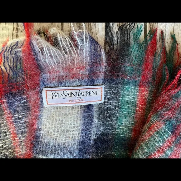 Vintage 1983 Yves Saint Laurent Wool/Mohair Tartan Stole Blanket Scarf 80's